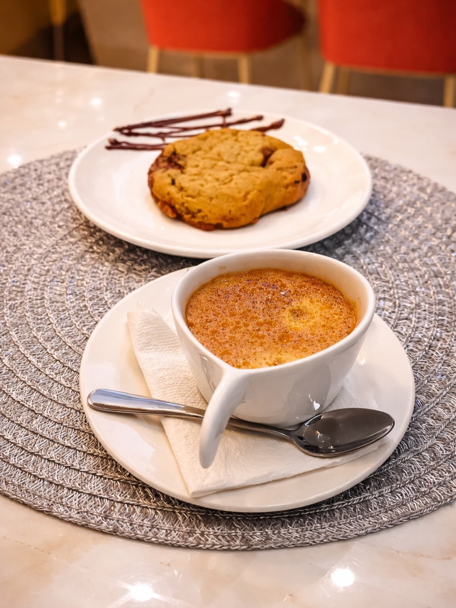 Café maison et cookie servis sur une table en marbre, ambiance cocooning
