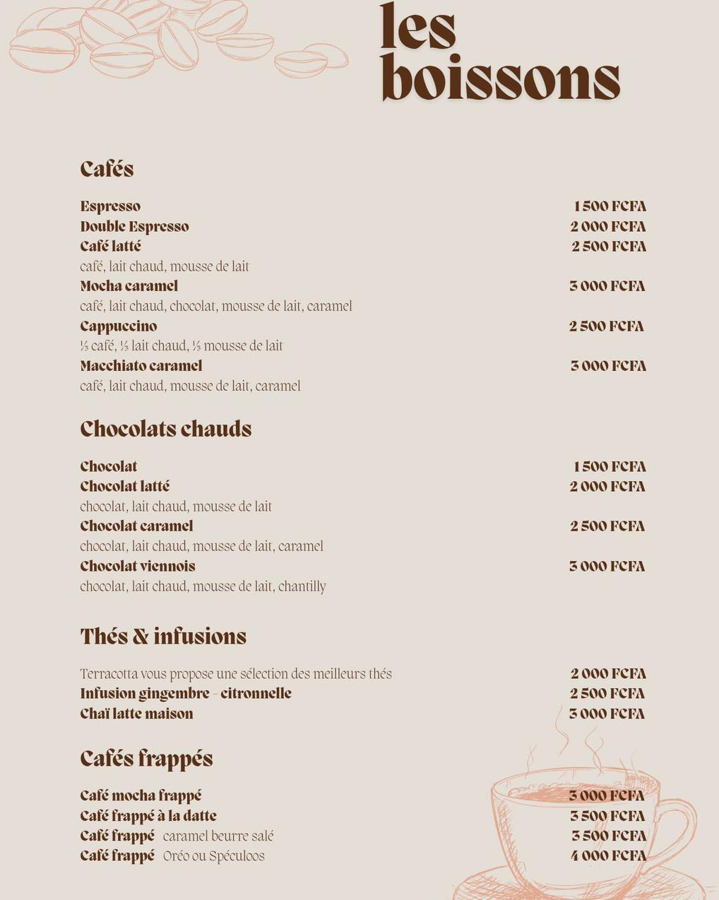 Carte Terracotta — Les boissons chaudes