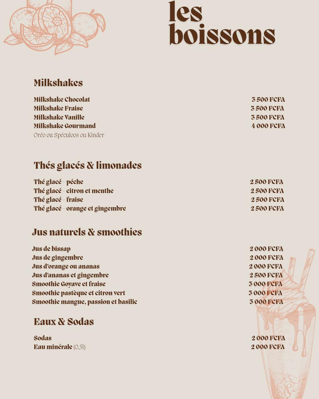 Carte Terracotta — Les boissons fraîches